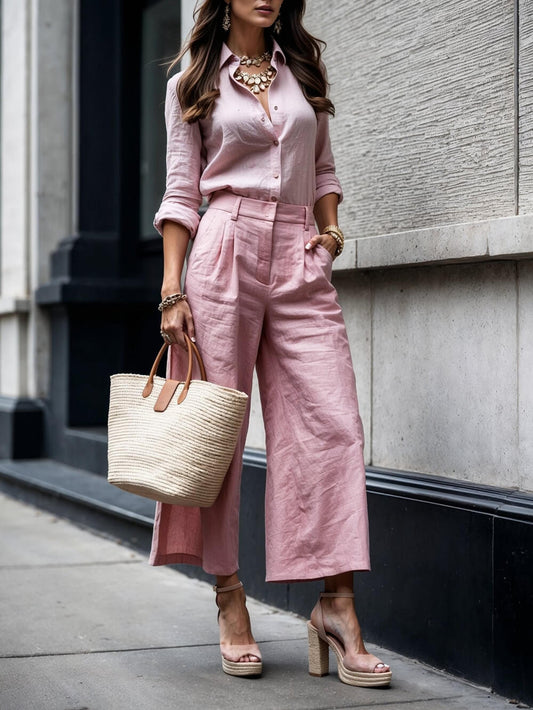 Casual Linnen Lange Mouwen Losse Shirt Wijde Pijpen Cropped Broek Set