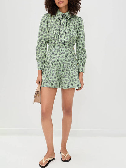 Retro Print Kraagloze Lange Mouwen Shirt en Hoge Taille Shorts Set