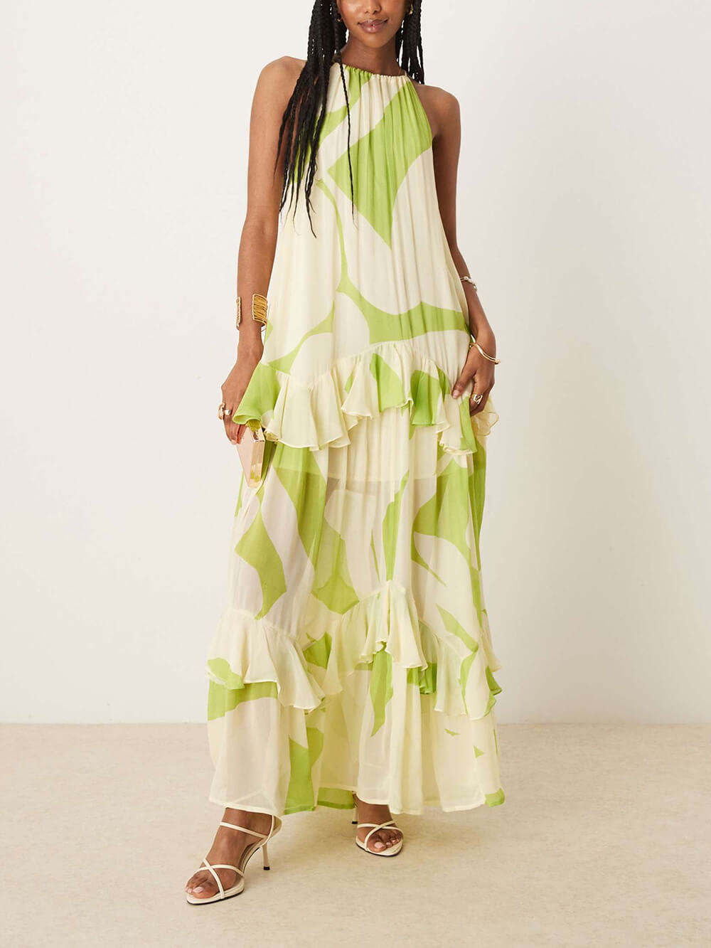 Exquise Abstracte Print Rugloze Laagjes Rimpel Maxi Jurk