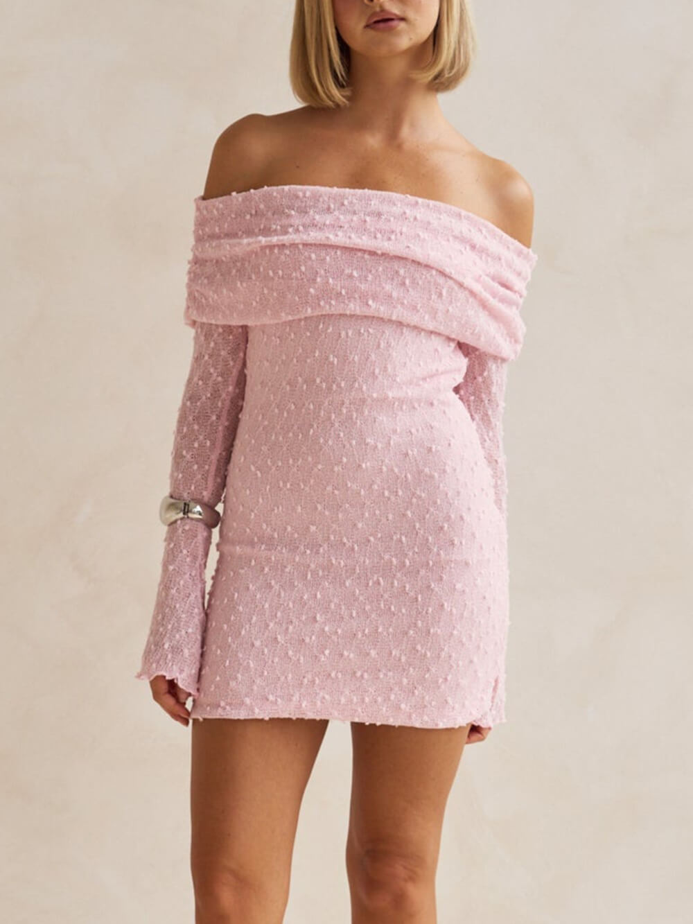 Zomer Boucle Brei Off-The-Shoulder Halslijn Prom Mini Jurk