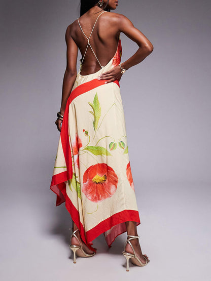 Elegante Unieke Print Diepe Plissé Asymmetrische Rugloze Maxi Jurk