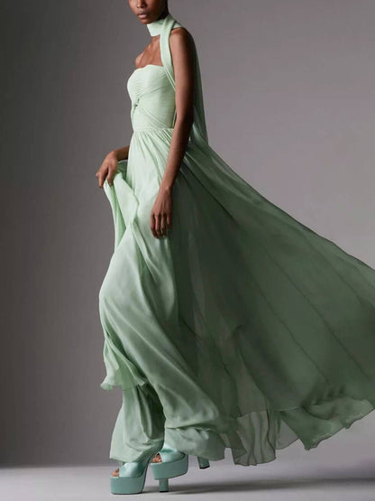 Elegante Mouwloze Plissé Lange Rok Met Riemloze Jurk