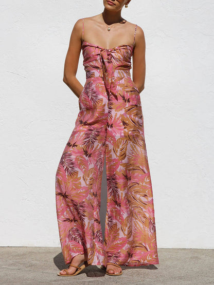 Delicate Botanische Print Spaghetti Band Resort Stijl Wijde Pantalon Jumpsuit