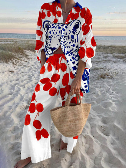 Unieke Oversized Shirt met Pois en Luipaardprint en Broek met Elastische Taille en Zak
