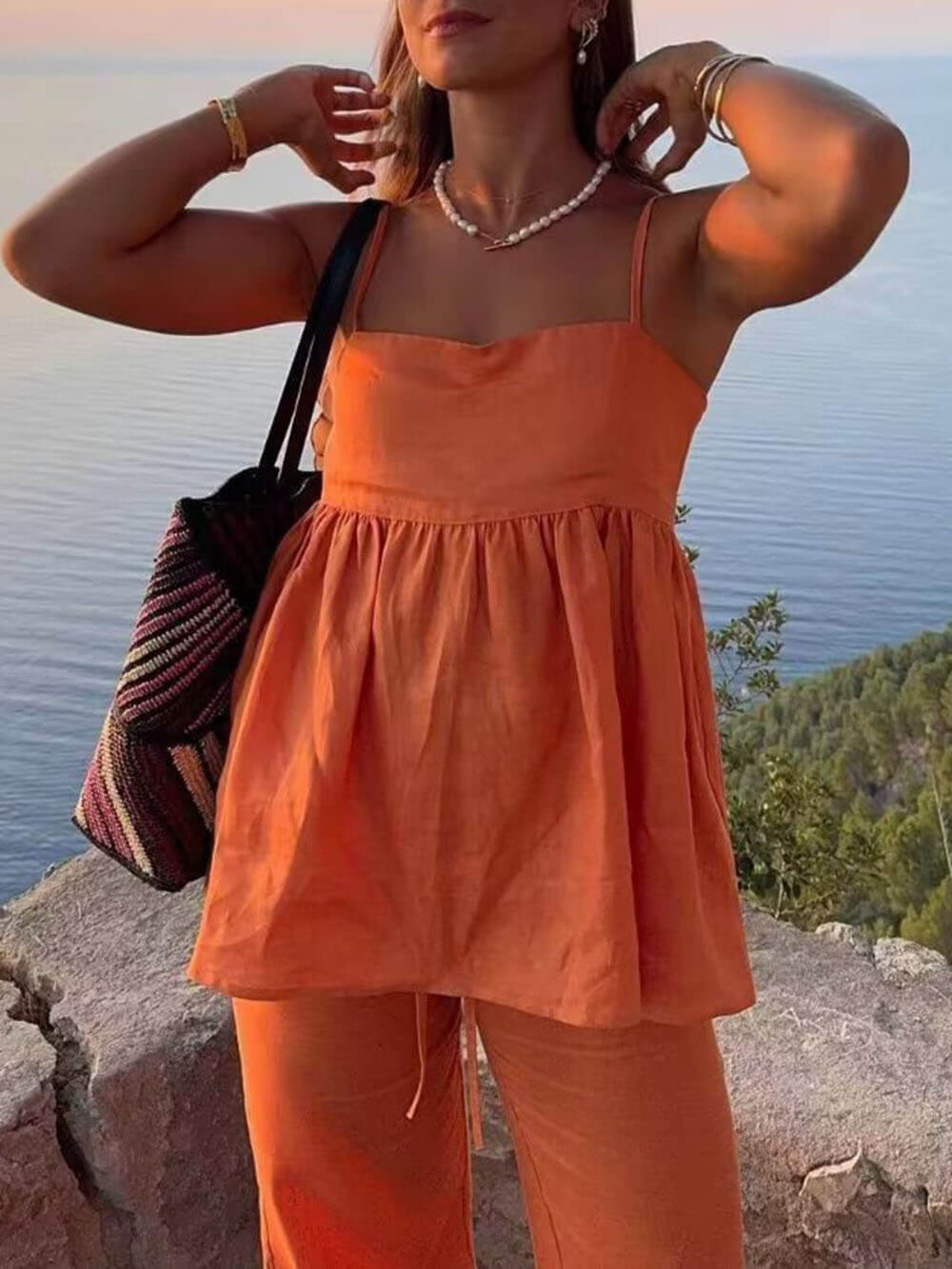 Classic Solid Color Casual Suspender Loose Top en Elastische Taille Wijd Been Broek Set