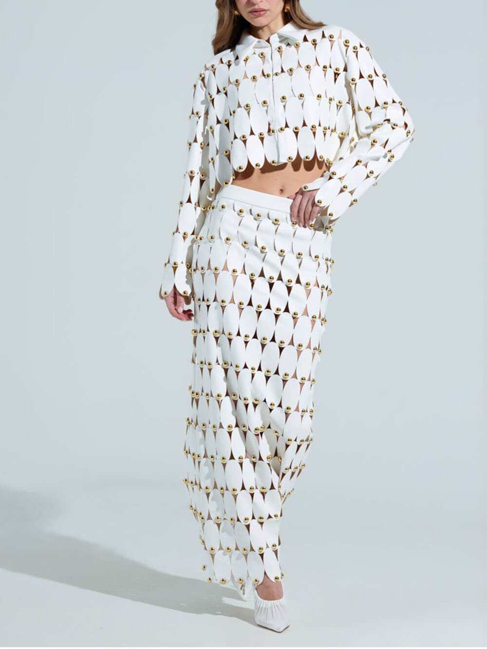 Exquise Cut-Out Studded PU Cropped Cardigan Top en Maxi Rok Set