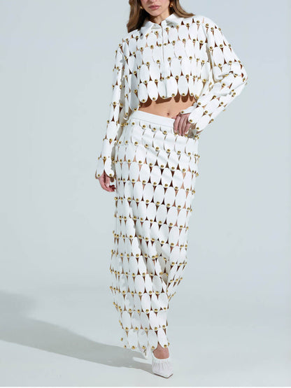 Exquise Cut-Out Studded PU Cropped Cardigan Top en Maxi Rok Set