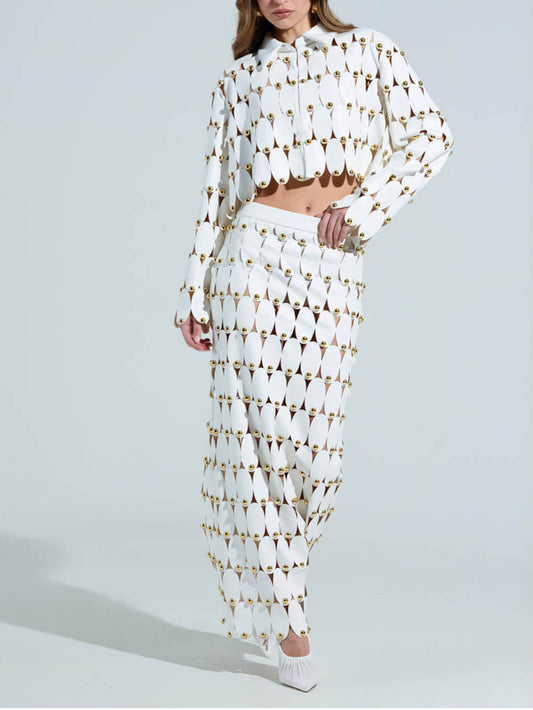 Exquise Cut-Out Studded PU Cropped Cardigan Top en Maxi Rok Set