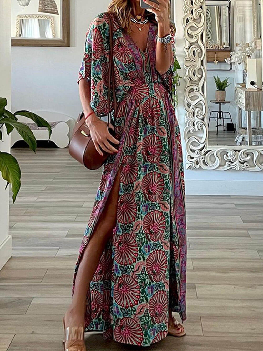 Bohemian Mode V-Hals Gedrukt Losse Maxi Jurk