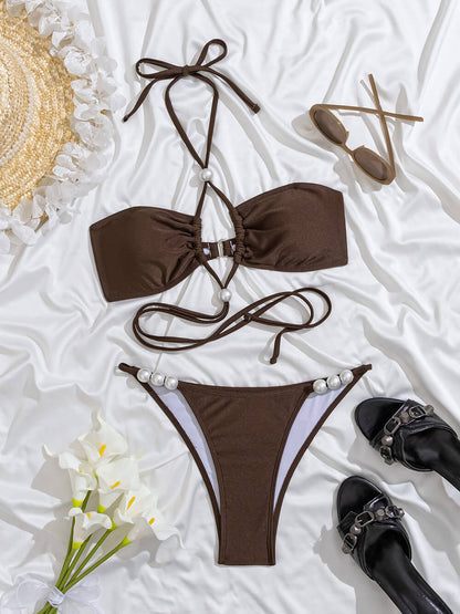 Strand Effen Kleur Parels Versierd Bikini Set