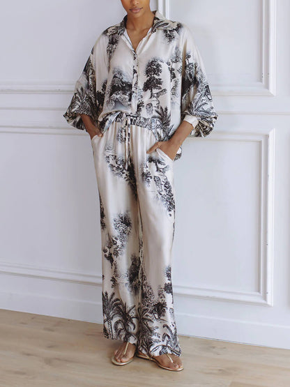 Unieke Bloemenprint Losse Top En Elastische Taille Wijde Broek Set