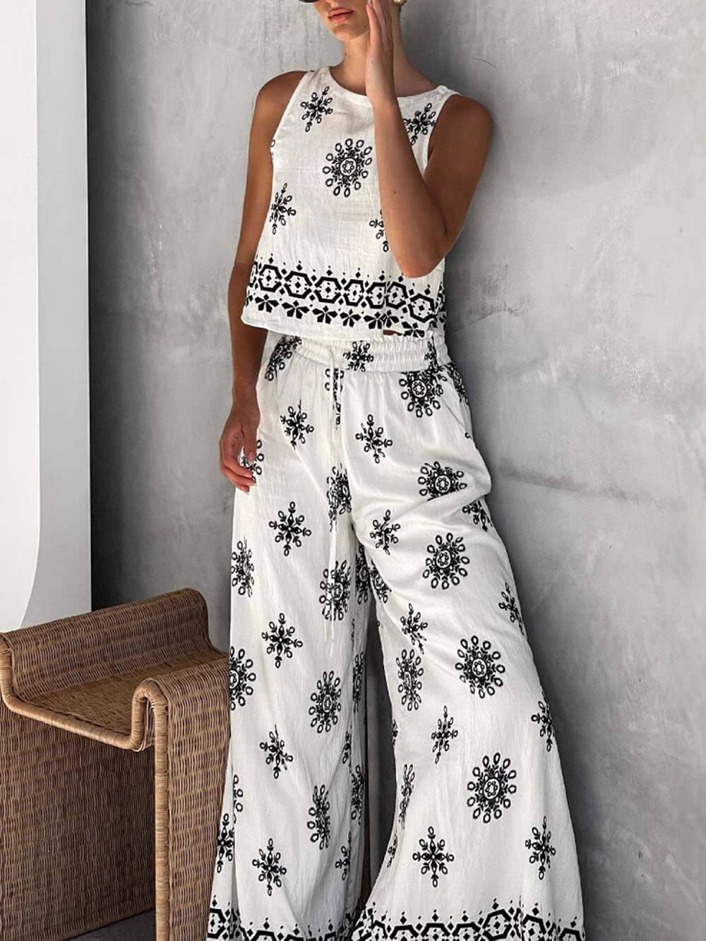 Modieuze en Casual Unieke Geprinte Linnen Vest Brede Pantalon Set