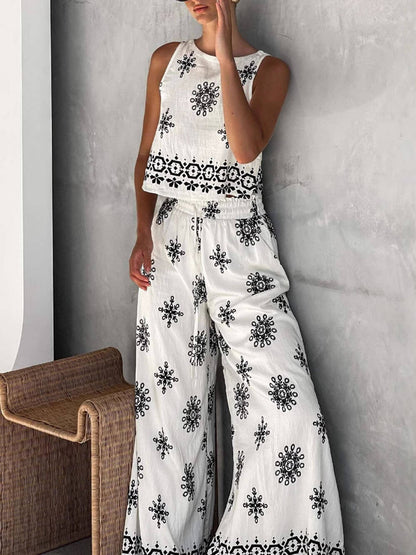Modieuze en Casual Unieke Geprinte Linnen Vest Brede Pantalon Set