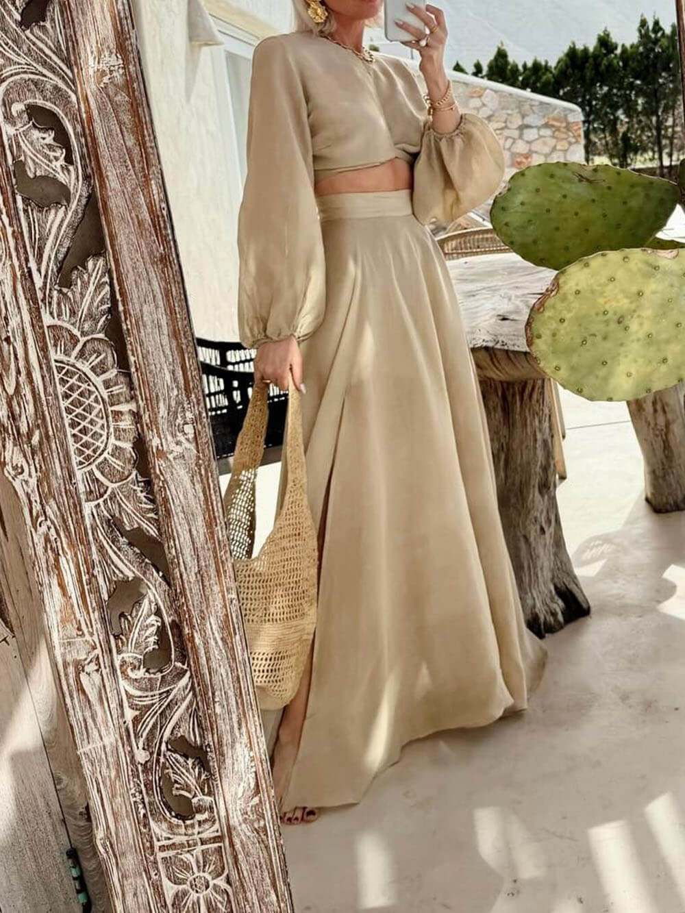 Bohemian Lantern Sleeve Tie-Front Top en Hoge Taille Rok Set
