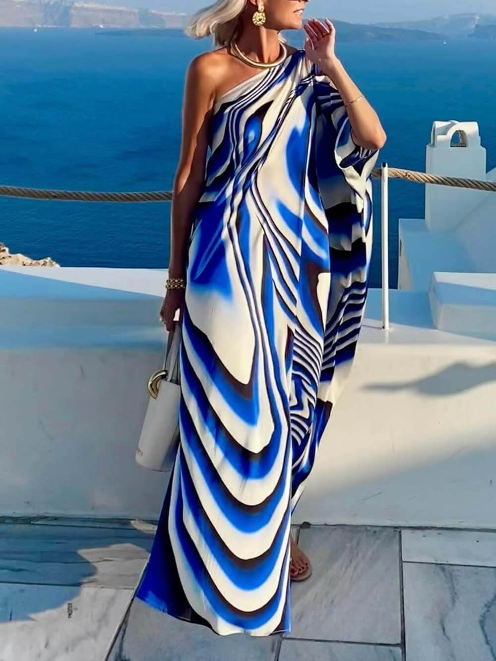Unieke Gedrukte Cutout Eén-schouder Vakantie-stijl Losse Maxi Jurk
