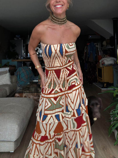 Chic Perfecte Stijl Uniek Bloemig Patroon Elastische Bandeau Maxi Jurk
