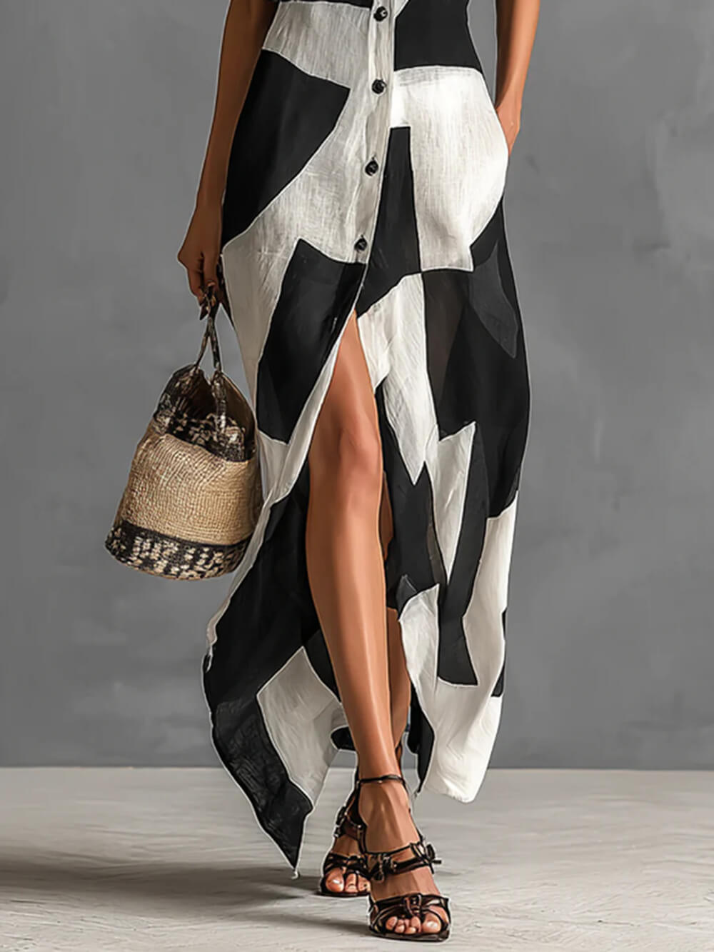 Exquise Irregulaire Geometrische Print Kraag Enkel-Breasted Korte Mouwen Maxi Shirt Jurk