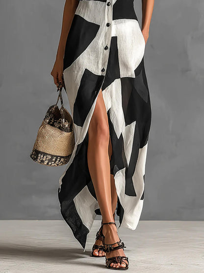 Exquise Irregulaire Geometrische Print Kraag Enkel-Breasted Korte Mouwen Maxi Shirt Jurk