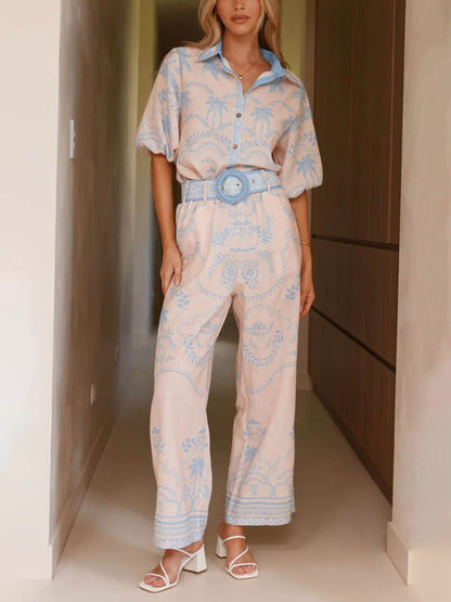 Casual Temperament Geprinte Linnen Korte Mouwen Top Met Riem En Rechte Broek Set