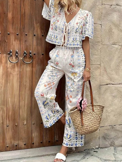Unieke Bloemenprint Tie-Front Top Hoge Taille Rechte Broek Set