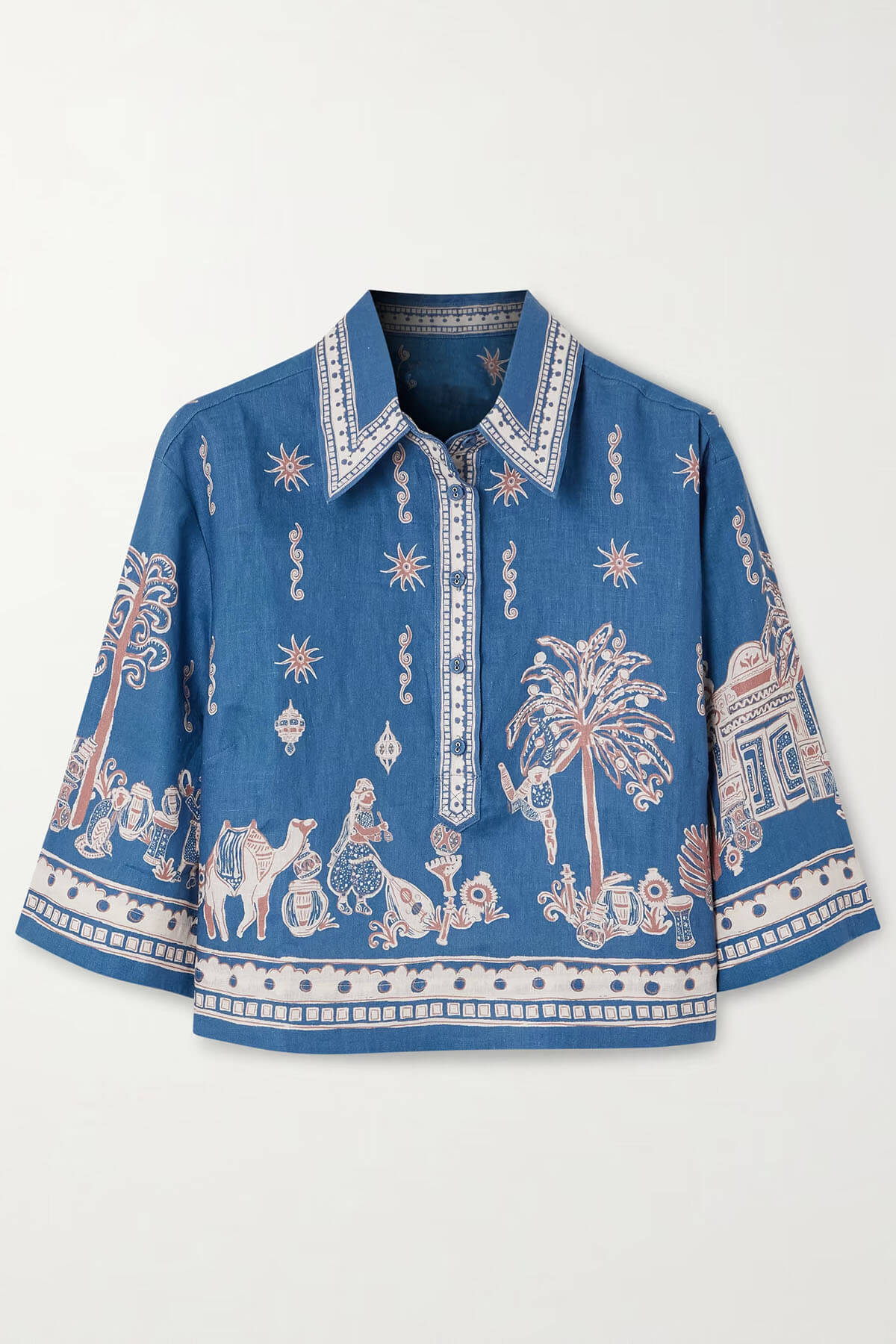 Unieke Bloemenprint Linnen Korte Mouwen Shirt en Shorts Set