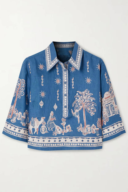 Unieke Bloemenprint Linnen Korte Mouwen Shirt en Shorts Set