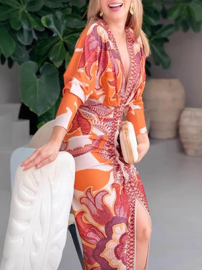 Elegante Bloemenprint Sexy V-Hals Lange Mouwen Split Jurk