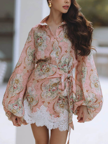 Elegante Bloemenprint Lantern Mouw Shirt En Kant Wrap Mini Rok Set