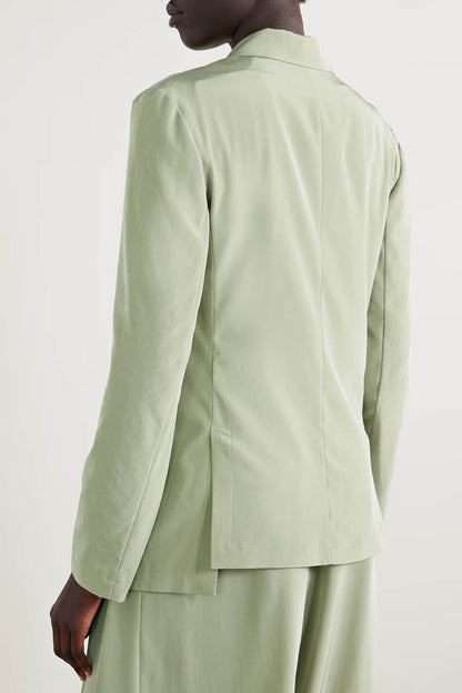 Mode Asymmetrische Crepe Blazer Geplooide Zak Brede Pantalon Set