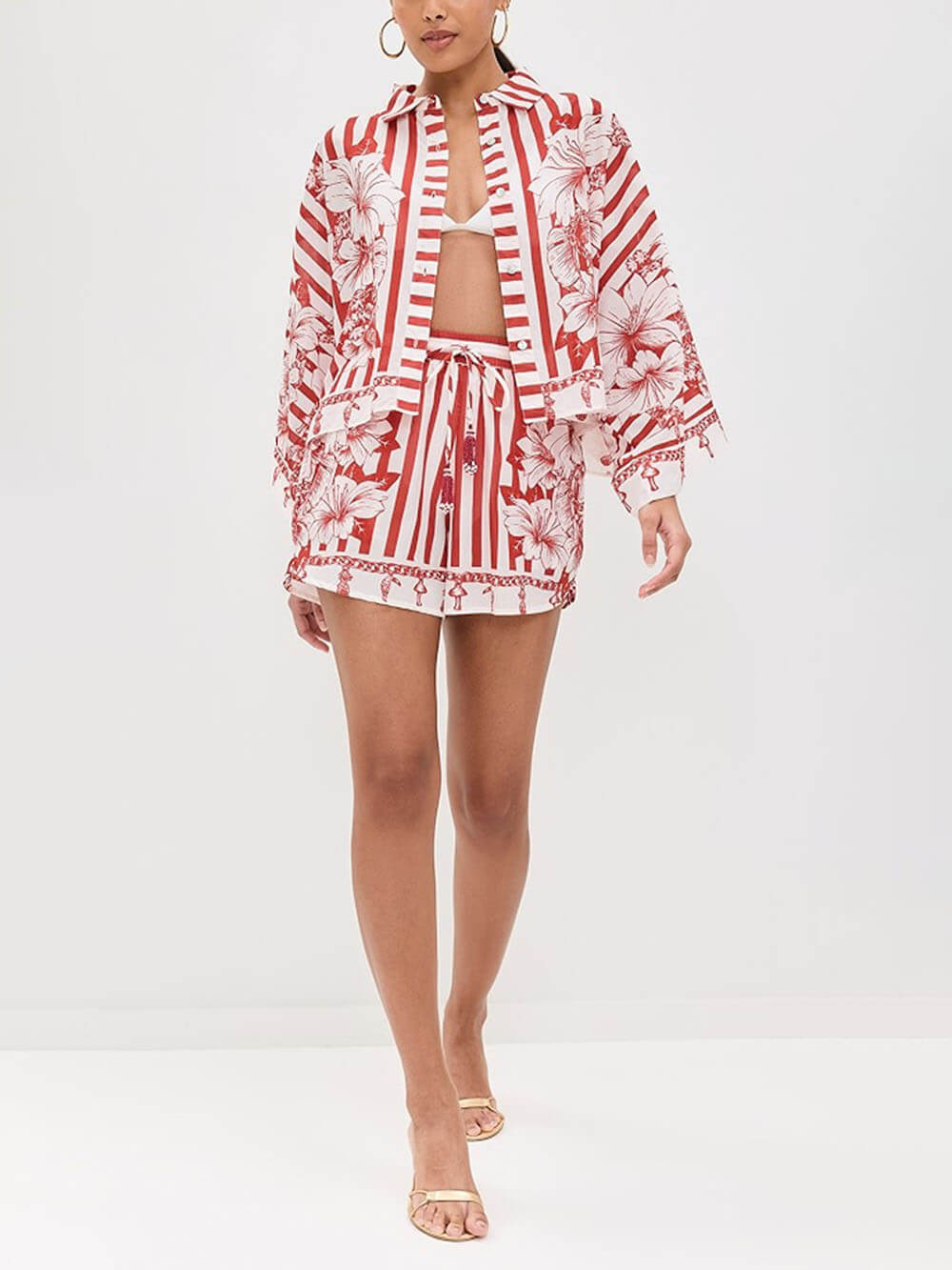 Unieke Bloemenprint Wijd Mouwen Shirt en Elastische Taille Zakshorts Set