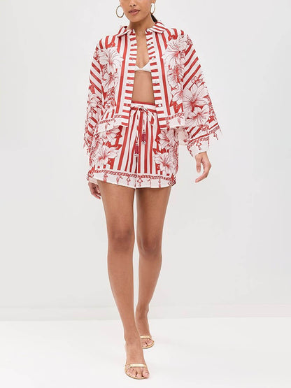 Unieke Bloemenprint Wijd Mouwen Shirt en Elastische Taille Zakshorts Set