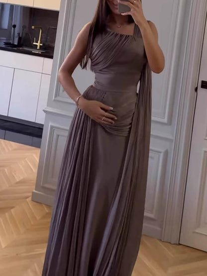 Elegante Gedrapeerde Sash Satijnen Avondjurk Maxi Dress