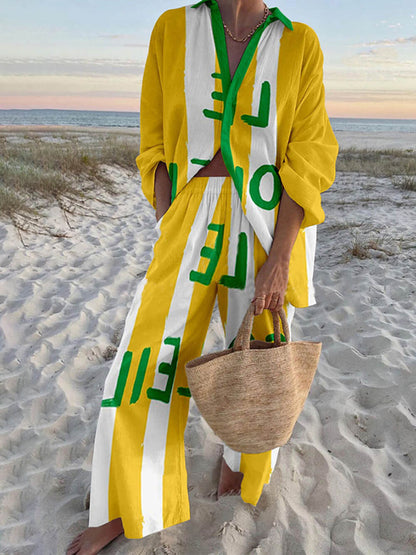 Moderne Letter Print Oversized Shirt en Elastische Taille Pocket Broek Set