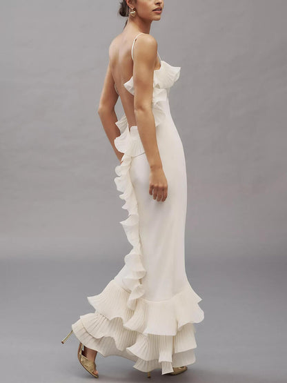 Elegante Geplooide Chiffon Ruffle Trim Spaghetti Strap Maxi Jurk
