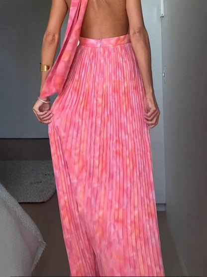 Elegante Halter V-Hals Open Rug Geprinte Plissé Maxi Jurk