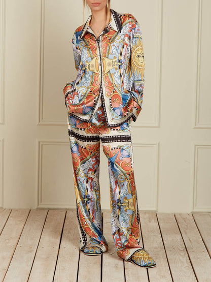 Unieke Satijnen Zonneprint Overhemd met Omgeslagen Kraag en Losse Pasvorm en Elastische Taille Wijde Pantalon Set