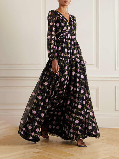 Romantische Exquise Geplooide Bloemenprint Chiffon Maxi Jurk