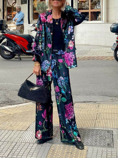 Retro Bloemenprint Blazer & Hoge Taille Wijde Pantalon Set