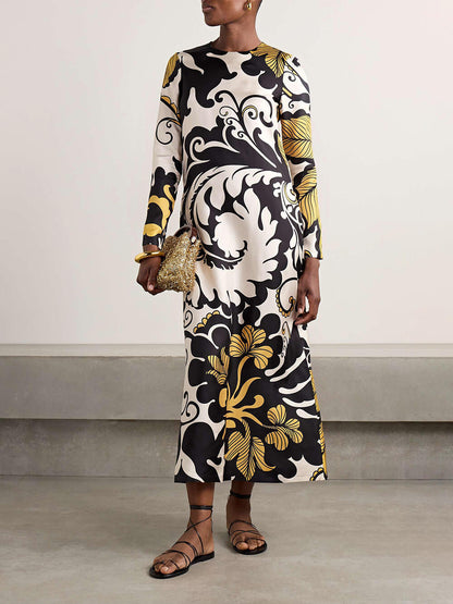 Unieke Satijnen Swing Print Twill Midi Jurk