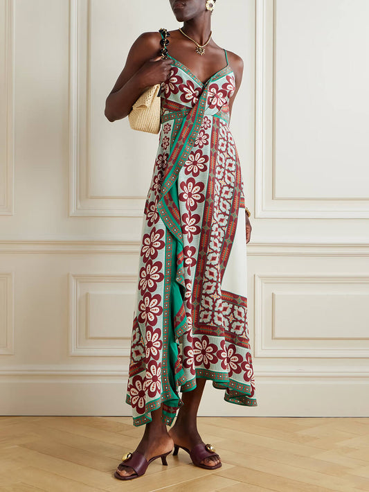 Klassieke Turn Around Wrap-Effect Gedrukte Satijnen Midi Jurk