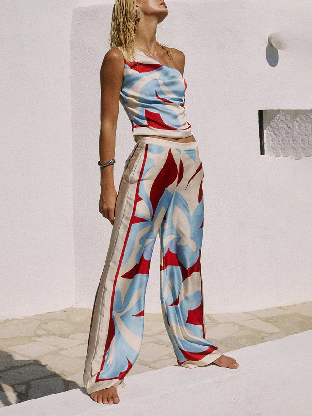 Uniek Gedrukt Eén-Schouder Tie Top En Elastische Taille Wijde Pantalon Set
