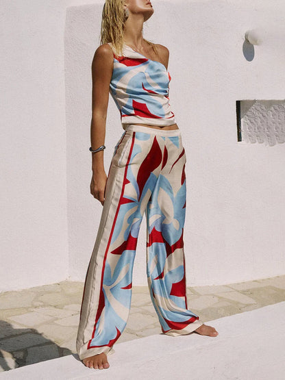 Uniek Gedrukt Eén-Schouder Tie Top En Elastische Taille Wijde Pantalon Set