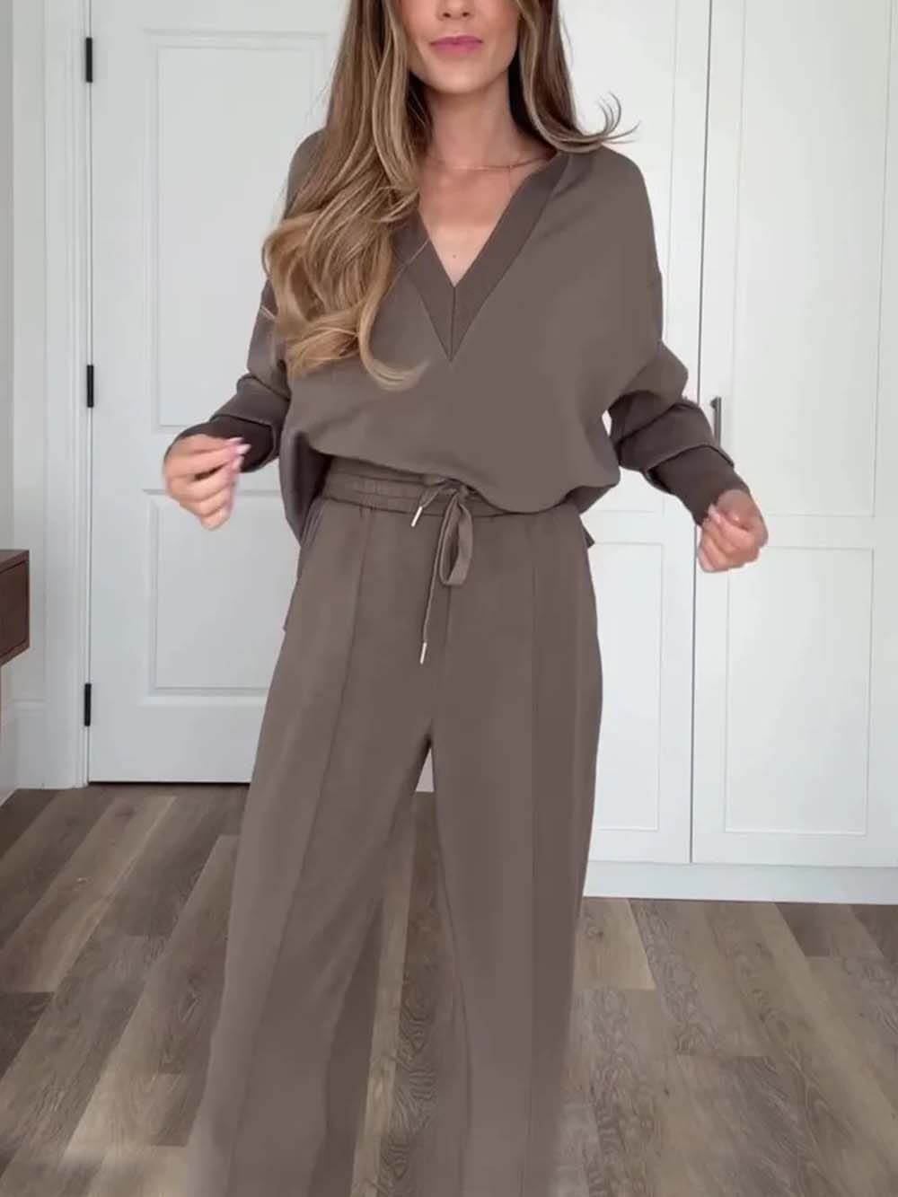 Casual Bruine V-Hals Lange Mouwen Sweatshirt & Elastische Taille Broek Set