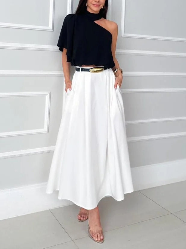 Elegante Asymmetrische Kraag Shirt & Rok Twee-Piece Set