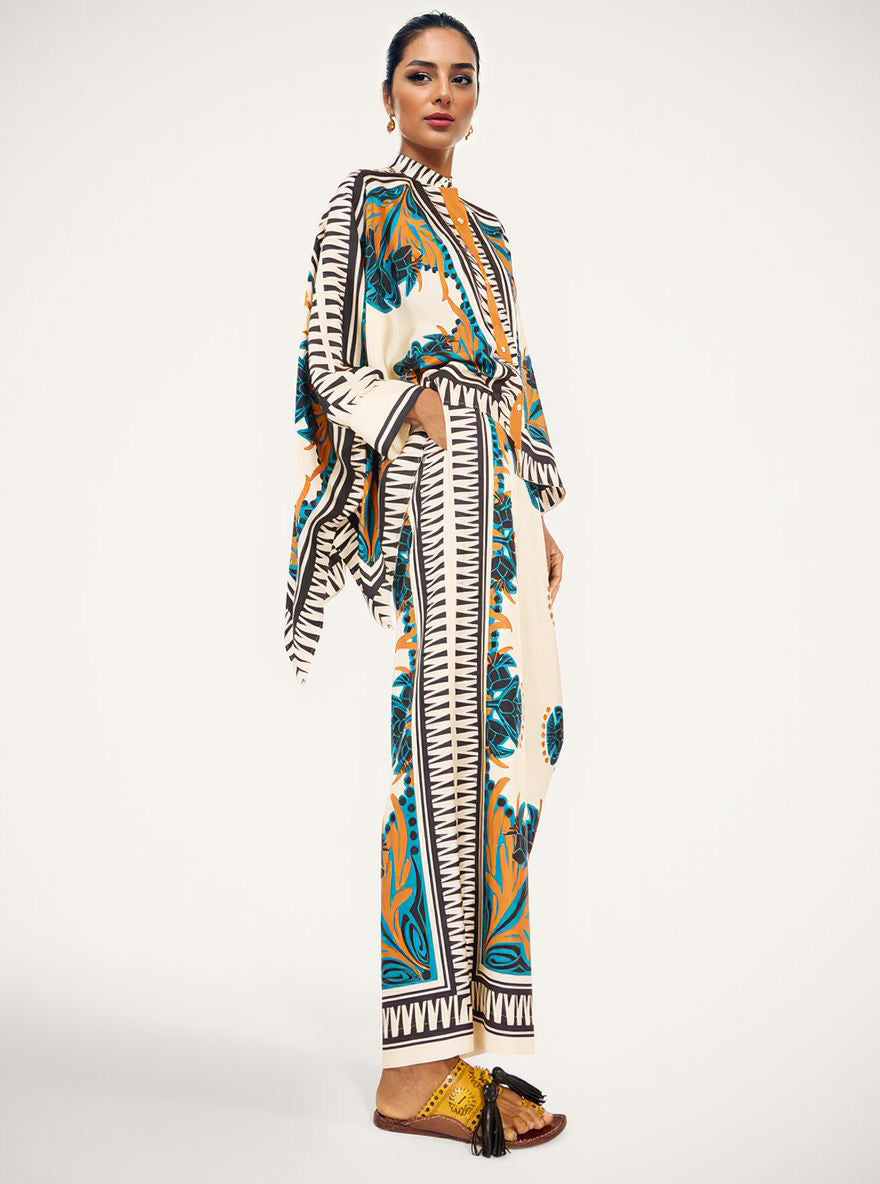 Exquise Satijnen Bloemenprint Shirt & Brede Pantalon Set
