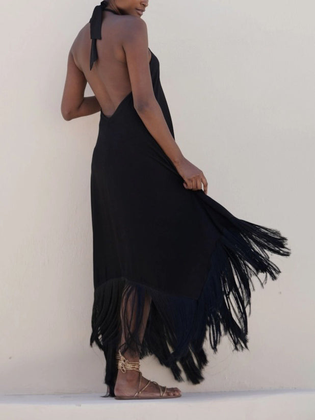 Elegante Halter Maxi Jurk met Ongelijke Tassels