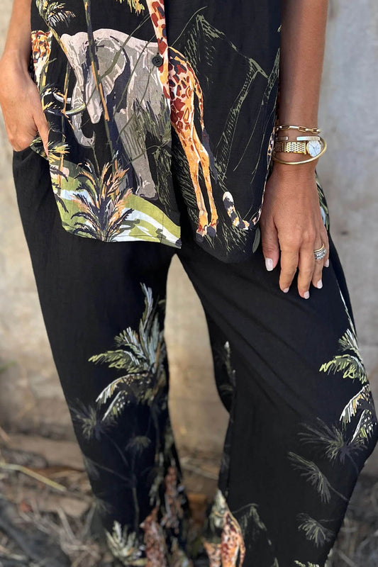 Unieke Jungle Print Elastische Taille Zak Brede Pantalon