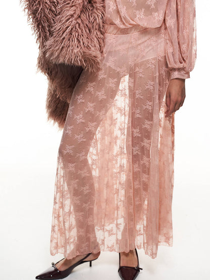 Elegante Mesh Ruffled Lace Hoge Hals Blouse & Elastische Taille Rok Set