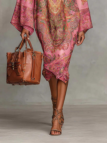 Retro Paisley Print Ronde Hals Flared Mouw Midi Jurk