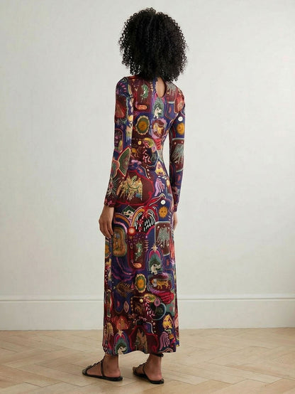 Retro Graphic Print Lange Mouw Maxi Jurk